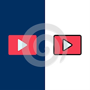 YouTube, Paly, Video, Player  Icons. Flat and Line Filled Icon Set Vector Blue Background