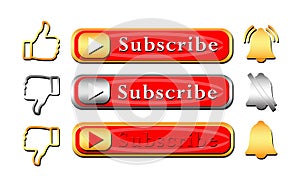 Youtube Subscribe, bell button set. red button subscribe to channel, blog. social media . marketing. with 3d render illustration