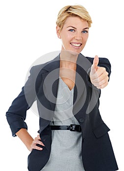 Youve got my approval. Portrait of a young businesswoman giving you the thumbs up.