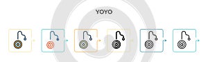 Yoyo vector icon in 6 different modern styles. Black, two colored yoyo icons designed in filled, outline, line and stroke style.