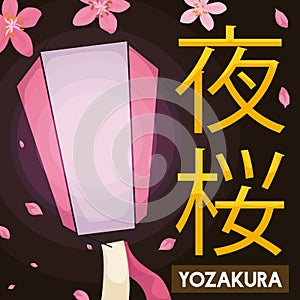 Yozakura Event with Lantern and Cherry Flowers during Nocturnal Hanami, Vector Illustration