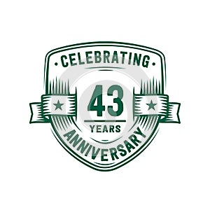 43 years anniversary celebration shield design template. 43rd anniversary logo. Vector and illustration.