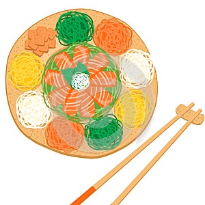 Yu Sheng, prosperity fish raw salad with chopsticks on a table top view