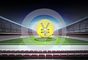 Yuan golden coin in midfield of magic football stadium