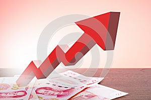 Yuan money bag with red arrow up. Raising taxes.