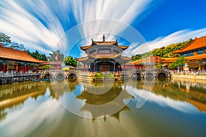 Yuantong Temple refletion with waterfront, Kunming capital city of Yunnan, China, travel and tourism,famous place and landmark, photo