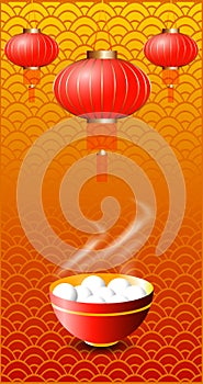 Yuanxiao. Lantern Festival in China. National holiday concept. Traditional festive dish and lanterns. Background ornament