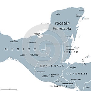 YucatÃ¡n Peninsula gray political map, peninsula in southeastern Mexico
