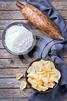 Yucca, yuca, cassava, manioca, mandioca chips and flour