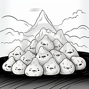 Yucky Faces And Looming Mountain: A Humorous Bulbous Drawing photo