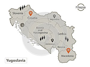 Yugoslavia map, individual regions with names, Infographics and icons