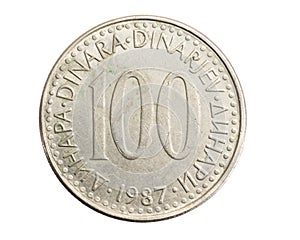 Yugoslavian one hundred dinar coin on white isolated background