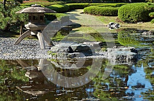 Yukimi-doro toro lantern near the pond in Ninomaru Garden. Tokyo Imperial Palace. Tokyo. Japan