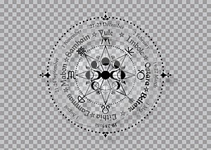 Wheel of the Year is an annual cycle of seasonal festivals. Wiccan calendar and holidays. Compass with triple moon Wicca pagan god photo