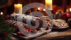Yule offerings with traditional Yule log, burning candles, decorations on the table, selected focus, low key