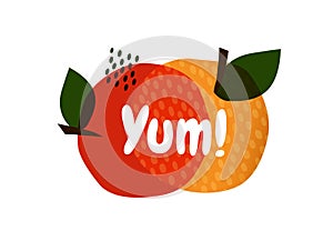 Yum text in the speech bubble. Yummy concept design doodle for print.