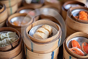 Yumcha, dim sum in bamboo steamer, chinese cuisine