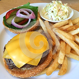 A yummy big lunch with beef burger with french fries and coleslaw