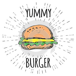 Yummy burger vintage label in hipster style with sunburst.