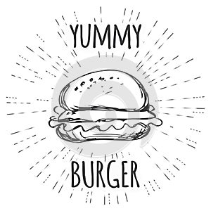 Yummy burger vintage label in hipster style with sunburst.