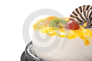 Yummy cake on white with grape orange kiwifruit and chocolat, clipping path includede