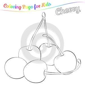 Yummy cherry for coloring in imple cartoon style. Page for art coloring book for kids. Vector illustration