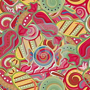 Yummy colorful sweet lollipop candy cane seamless pattern. Vector illustration. Holidays background.