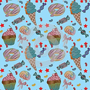 Yummy colorful sweet lollipop candy cupcake donut ice cream pattern