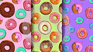 Yummy donuts with glaze seamless patterns set. Sweet food backgrounds collection.