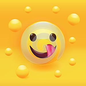 Yummy face with happy smile and tongue.  Premium vector illustration.