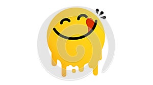 Yummy face happy smile vector cartoon line emoticon with tongue lick mouth. Delicious tasty food eating emoji face on