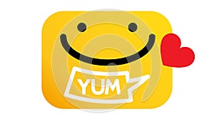 Yummy face happy smile vector cartoon line emoticon with tongue lick mouth. Delicious tasty food eating emoji face on