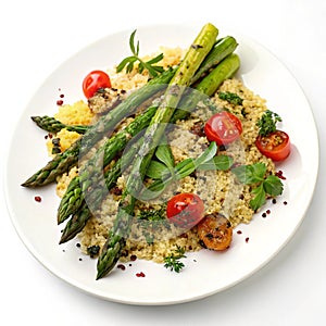 Yummy grilled asparagus and quinoa salad isolated on white background photo