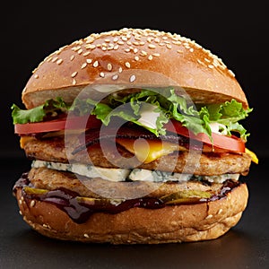 Yummy grilled chicken burger with double cutlet and cheese on a black background