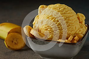 Yummy ice cream decorated with banana slices