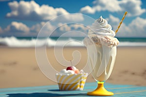 Yummy milkshake on a summer beach. Generative AI