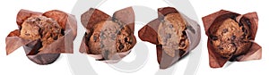 Yummy muffins with chocolate chips isolated on white, set