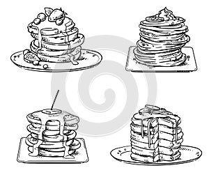 Yummy pancakes with toppings, vector sketch