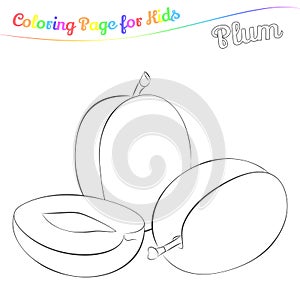 Yummy plum for coloring in imple cartoon style. Page for art coloring book for kids. Vector illustration