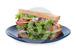 Yummy sandwich with bacon and chicken isolated