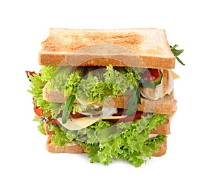 Yummy sandwich with chicken isolated on white