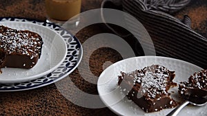 Yummy sliced chocolate cake, winter dessert themes
