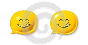 Yummy smile 3d emoticon with tongue lick mouth. Tasty food eating emoji face in 3d speech bubble. Vector