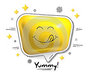 Yummy smile 3d emoticon with tongue lick mouth. Tasty food eating emoji face. Delicious cartoon background. Vector