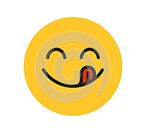 Yummy smile emoji with tongue lick mouth. Delicious tasty food symbol for social network. Yummy and hungry icon. Savory
