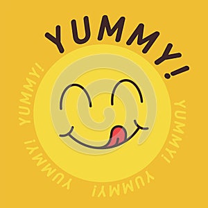 Yummy smile emoticon with tongue lick mouth. Tasty food eating emoji face. Delicious cartoon with saliva drops on yellow photo