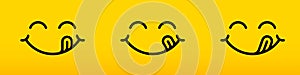 Yummy smile face with tongue lick, vector delicious tasty food logo or yellow yummy smile licking background