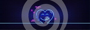 Yummy smile line icon. Emoticon with tongue sign. Comic heart. Neon light glow effect. Vector