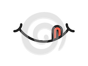 Yummy smile vector cartoon emoticon with tongue lick mouth. Delicious tasty food eating emoji line face on white background photo