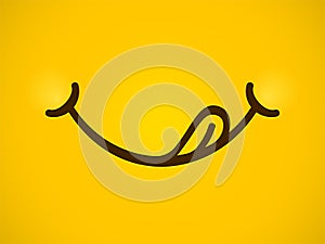 Yummy smile cartoon emoticon lick mouth lips with tongue. Vector delicious tasty eating emoji face yellow background